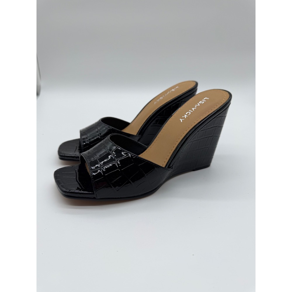 Lisa Vicky Adore-V Black Croc Patent Wedge Sandals Square Toe Mules Size 7.5